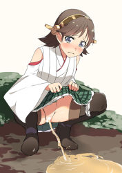 Rule 34 | 1girl, black footwear, blush, boots, breasts, brown hair, censored, clothes lift, grass, green skirt, grey eyes, hairband, hiei (kancolle), japanese clothes, kantai collection, kimono, long sleeves, looking at viewer, medium breasts, minamimachi naname, open mouth, panties, panties around leg, peeing, plaid, plaid skirt, puddle, pussy, short hair, skirt, skirt lift, squatting, tears, thigh boots, thighhighs, underwear, white background, white kimono, white panties, wide sleeves