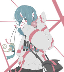 Rule 34 | 1girl, absurdres, artist name, bag, black bag, black skirt, blue eyes, blue hair, blue scarf, chameleon, covering own mouth, ear piercing, english text, grey hoodie, headphones, headphones around neck, highres, hood, hood down, hoodie, index finger raised, long bangs, no pupils, nocopyrightgirl, original, piercing, pleated skirt, print hoodie, red headphones, red ribbon, ribbon, scarf, shoulder bag, sidelocks, simple background, skirt, sleeves past wrists, solo, tongue, tongue out, white background