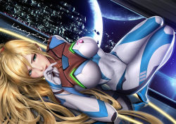 Rule 34 | 1girl, asteroid, blonde hair, blue bodysuit, bodysuit, breasts, green eyes, holster, impossible bodysuit, impossible clothes, knees up, large breasts, legs together, liang xing, looking at viewer, lying, metroid, metroid: zero mission, multicolored bodysuit, multicolored clothes, nintendo, on back, planet, samus aran, signature, skin tight, solo, space, thigh holster, white bodysuit, window, zero suit