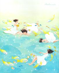 Rule 34 | 4girls, back, barefoot, brown hair, caustics, closed eyes, dress, fish, from above, halterneck, looking at viewer, lying, lying on water, multiple girls, on side, on stomach, original, otonai chiaki, plantar flexion, short hair, signature, sitting, sundress, traditional media, water, white dress, wind
