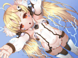 Rule 34 | 1girl, :o, ahoge, armpits, arms up, azur lane, blonde hair, blue background, covered navel, cowboy shot, detached sleeves, dutch angle, eldridge (azur lane), electricity, facepaint, flat chest, foreshortening, from above, hair ornament, jitome, long hair, looking up, object9991, outstretched arms, red eyes, solo, thighhighs, twintails, very long hair, white thighhighs