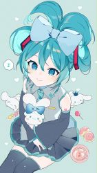Rule 34 | 1girl, absurdres, aqua hair, aqua nails, aqua necktie, arm tattoo, black skirt, black sleeves, black thighhighs, blue bow, blue eyes, blush, bow, candy, cinnamiku, cinnamon roll, cinnamoroll, closed mouth, collared shirt, commentary request, crown, cup, detached sleeves, double bun, ear bow, feet out of frame, film grain, food, green background, grey shirt, hair between eyes, hair bow, hair bun, hair rings, halftone, hatsune miku, heart, heart background, highres, hug, lollipop, long sleeves, mini crown, musical note, nail polish, necktie, number tattoo, omutatsu, pleated skirt, raised eyebrows, sanrio, saucer, shirt, short hair, short sleeves, sidelocks, simple background, sitting, skirt, sleeves past wrists, smile, solo, tattoo, tea, teacup, thighhighs, updo, vocaloid, wide sleeves, zettai ryouiki