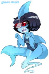 Rule 34 | 1girl, bad id, bad tumblr id, black hair, black sclera, blue skin, blunt bangs, breasts, character name, colored sclera, colored skin, fins, fish tank, fusion, ghost, ghost shark, ghost tail, glowing, glowing eyes, head fins, highres, monster girl, ofuda, one-piece swimsuit, personification, red eyes, school swimsuit, shark girl, sharp teeth, slugbox, small breasts, solo, swimsuit, syfy, teeth, white background