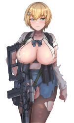 Rule 34 | 1girl, absurdres, black panties, blonde hair, blue bow, blue bowtie, blue eyes, blue skirt, bow, bowtie, breasts, brown pantyhose, cleavage, closed mouth, collarbone, collared shirt, commentary request, cowboy shot, girls&#039; frontline, groin, gun, hair between eyes, hair ornament, highres, holding, holding gun, holding weapon, large breasts, light blush, long sleeves, looking at viewer, magazine (weapon), mole, mole under eye, navel, omurainu, panties, pantyhose, pouch, rifle, shirt, short hair, sidelocks, simple background, skirt, sniper rifle, snowflake hair ornament, solo, standing, stomach, striped bow, striped bowtie, striped clothes, suppressor, thigh pouch, torn clothes, torn pantyhose, torn shirt, torn skirt, underbust, underwear, vsk-94, vsk-94 (girls&#039; frontline), walkie-talkie, weapon, white background, white shirt