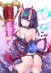 Rule 34 | 1girl, absurdres, ass, bare back, bare shoulders, black panties, breasts, closed mouth, clothing request, club (weapon), commentary request, contrapposto, cowboy shot, demon girl, detached sleeves, fate/grand order, fate (series), fox, gem, hair bobbles, hair ornament, heart, highres, holding, holding weapon, horns, japanese clothes, legs apart, looking at viewer, looking back, medium breasts, medium hair, multiple tails, official alternate costume, oni, orb, panties, pointy ears, purple eyes, purple hair, shuten douji (fate), shuten douji (fate/grand order), shuten douji (halloween caster) (fate), sideboob, simple background, skin-covered horns, smile, solo, spikes, star (symbol), tail, thighhighs, two tails, underwear, weapon, wedgie, wide sleeves, zeroblood