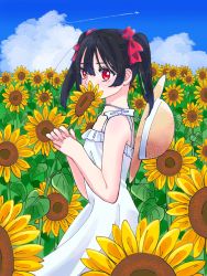 Rule 34 | 1girl, aircraft, airplane, artist name, artist request, bare shoulders, black hair, blue sky, blush, bow, breasts, brown hat, cloud, collarbone, day, dress, expressionless, female focus, field, flat chest, flower, flower field, hair between eyes, hair bow, hat, highres, holding, holding flower, long hair, looking at viewer, love live!, love live! school idol project, miniskirt, outdoors, parted lips, plaid, plaid dress, plaid skirt, pleated, pleated dress, pleated skirt, red eyes, short hair, short twintails, skirt, sky, sleeveless, sleeveless dress, small breasts, smile, solo, straw hat, sun hat, sundress, sunflower, twintails, unworn headwear, upper body, white bow, white dress, white skirt, yazawa nico