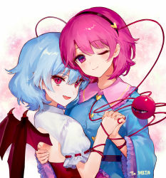 Rule 34 | 2girls, :d, ;), ainy, back cutout, bad id, bad pixiv id, bat wings, belt, black belt, black hairband, blue hair, blue shirt, blush, breasts, clothing cutout, commentary request, dress, eyelashes, eyeshadow, fang, frilled shirt collar, frilled sleeves, frills, hair between eyes, hair ornament, hairband, head tilt, heart, heart hair ornament, holding hands, komeiji satori, long sleeves, looking at viewer, makeup, medium breasts, multiple girls, no headwear, one eye closed, open mouth, pink background, pink eyes, pink hair, pointy ears, puffy short sleeves, puffy sleeves, red eyes, remilia scarlet, shirt, short hair, short sleeves, slit pupils, smile, third eye, touhou, upper body, white dress, wide sleeves, wings, yuri
