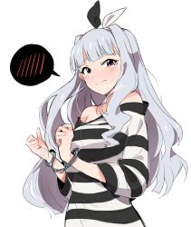 Rule 34 | 1girl, bare shoulders, blush, bound, bound wrists, bow, cuffs, grey hair, hair bow, hair intakes, handcuffs, highres, idolmaster, idolmaster (classic), long hair, looking at viewer, nose blush, parted lips, prison clothes, red eyes, shijou takane, shirt, simple background, solo, spoken blush, striped clothes, striped shirt, tears, tuxedo de cat, upper body, white background