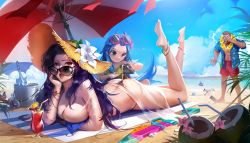 Rule 34 | 1boy, 3girls, ^^^, absurdres, ahoge, anklet, artist request, ass, bangle, barefoot, beach, bikini, blue bikini, blue sky, bracelet, breasts, caitlyn (league of legends), cleavage, coconut, day, eyewear on head, flower, flower necklace, gangplank (league of legends), hat, hat flower, head rest, highres, horizon, jewelry, large breasts, league of legends, lips, long hair, looking at viewer, looking over eyewear, looking over glasses, lulu (league of legends), lying, multiple girls, necklace, on stomach, open mouth, outdoors, parted bangs, pool party caitlyn, pool party gangplank, pool party lulu, pool party zoe, purple eyes, purple hair, sand, see-through, sky, string bikini, sun hat, sunglasses, swimsuit, tanning oil, the pose, thong, thong bikini, tinted eyewear, untied bikini, very long hair, zoe (league of legends)