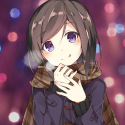 Rule 34 | 10s, 1girl, :p, ai cao, black shirt, blush, brown hair, brown scarf, coat, commentary, hand on hand, hands up, hashima chihiro, holding, holding clothes, holding scarf, imouto sae ireba ii, looking at viewer, purple coat, purple eyes, scarf, shirt, short hair, solo, swept bangs, tongue, tongue out, winter clothes, winter coat