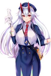 Rule 34 | 1girl, absurdres, blue necktie, breasts, collared shirt, fate/grand order, fate (series), flag, gloves, gradient neckwear, heroic spirit festival outfit, highres, holding, holding flag, horns, large breasts, long hair, necktie, oni horns, red eyes, red necktie, shirt, silver hair, solo, tomoe (symbol), tomoe gozen (fate), tomoe gozen (festival outfit) (fate), white gloves, white shirt, yahan (mctr5253)
