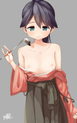 Rule 34 | 10s, 1girl, black hair, blush, clothes down, collarbone, flat chest, hakama, hakama skirt, highres, houshou (kancolle), japanese clothes, kantai collection, ladle, looking at viewer, mille, nipples, ponytail, signature, skirt, smile, solo, tasuki, wide sleeves