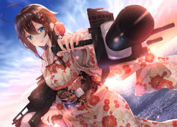 Rule 34 | 1girl, ahoge, alternate costume, bad id, bad pixiv id, blue eyes, blush, braid, brown hair, cloud, cloudy sky, commentary request, floral print, flower, hair between eyes, hair flaps, hair flower, hair ornament, highres, japanese clothes, kantai collection, kimono, long sleeves, looking at viewer, new year, numpopo, obi, ocean, open mouth, rigging, sash, shigure (kancolle), shigure kai ni (kancolle), sidelocks, single braid, sky, solo, wide sleeves