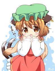 Rule 34 | 1girl, alternate hairstyle, animal ears, brown eyes, brown hair, cat ears, cat tail, chen, earrings, green hat, hair ribbon, hat, jewelry, long sleeves, mob cap, multiple tails, nekomata, open mouth, pila-pela, red ribbon, ribbon, short hair, single earring, solo, tail, touhou, tress ribbon, two tails