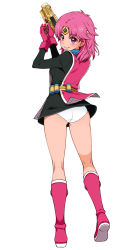 Rule 34 | 1girl, ass, black dress, boots, circlet, commentary request, dragon quest, dragon quest dai no daibouken, dress, from behind, full body, gloves, gun, haga yui, handgun, highres, holding, holding gun, holding weapon, knee boots, kneepits, looking away, looking back, maam, medium hair, panties, parted lips, pink footwear, pink gloves, pink hair, purple eyes, short dress, smile, solo, standing, underwear, weapon, white panties