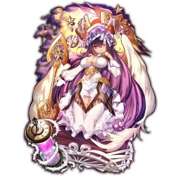 Rule 34 | 10s, angel wings, bed frame, breasts, clock, floating headgear, headgear, hourglass, large breasts, last period, long hair, looking at viewer, official art, plant, purple eyes, purple hair, skirt, staff, star (symbol), thighs, torn clothes, vines, wings