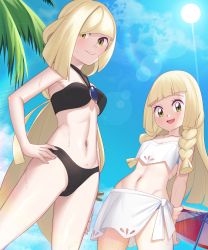 Rule 34 | 2girls, :d, absurdres, bikini, black bikini, blonde hair, blunt bangs, braid, breasts, cloud, commentary request, creatures (company), day, eyelashes, from below, game freak, gazing eye, green eyes, hand on own hip, highres, lillie (pokemon), long hair, looking at viewer, lusamine (pokemon), medium breasts, mother and daughter, multiple girls, navel, nintendo, open mouth, outdoors, parted lips, pokemon, pokemon (anime), pokemon masters ex, pokemon sm049, pokemon sm (anime), sky, small breasts, smile, sun, sweat, swimsuit, twin braids