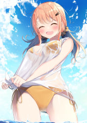 Rule 34 | 1girl, :d, ^ ^, aged down, bikini, bikini under clothes, blue sky, blush, breasts, brown hair, closed eyes, cloud, commentary request, day, facing viewer, hair ornament, hair scrunchie, hairclip, highres, long hair, low twintails, medium breasts, open mouth, original, outdoors, sasahara wakaba, scrunchie, see-through, shirt, side-tie bikini bottom, side-tie shirt, sky, smile, solo, standing, swimsuit, twintails, water, wet, wet clothes, wet shirt, white shirt, yellow bikini, yellow scrunchie