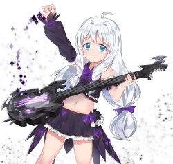 Rule 34 | 1girl, ahoge, asymmetrical sleeves, bare shoulders, blue eyes, bow, bowtie, detached sleeves, electric guitar, frilled shirt, frilled skirt, frills, guitar, holding, holding instrument, instrument, long hair, low-tied long hair, miniskirt, navel, overskirt, purple bow, purple bowtie, purple shirt, purple skirt, shirt, shiyano, simple background, skirt, sleeveless, sleeveless shirt, solo, soulworker, stella unibell, uneven sleeves, white hair