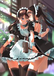 Rule 34 | 2girls, absurdres, apron, asymmetrical docking, black legwear, black skirt, blue eyes, breast press, breasts, broom, brown eyes, brown hair, day, duster, eye contact, feather duster, flower, frills, hand grab, highres, indoors, large breasts, light, long hair, looking at another, maid, multiple girls, original, scrunchie, short sleeves, skirt, small breasts, standing, thighhighs, twintails, very long hair, wanderlucia, window, wrist scrunchie, yuri