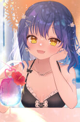 Rule 34 | 1girl, absurdres, ahoge, amamiya kokoro, amamiya kokoro (7th costume), bikini, black bikini, blue hair, breasts, collarbone, cup, drink, drinking straw, fang, flower, frills, hair flower, hair ornament, hairclip, hand on own face, hat, highres, holding, holding drinking straw, jewelry, light blush, looking at viewer, medium hair, necklace, nijisanji, oguraponti, open mouth, skin fang, small breasts, smile, solo, straw hat, sun hat, swimsuit, virtual youtuber, x hair ornament, yellow eyes