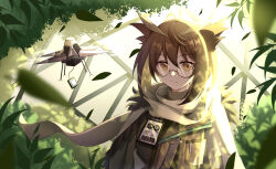 Rule 34 | 1girl, arknights, brown eyes, brown hair, commentary request, drone, falling leaves, feather hair, glasses, highres, id card, leaf, looking at viewer, official alternate costume, owl ears, owl girl, quadcopter, rhine lab logo, round eyewear, scarf, semi-rimless eyewear, short hair, silence (arknights), silence (frosted breath) (arknights), solo, sweater, textless version, tree, txin xin, under-rim eyewear