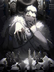 Rule 34 | absurdres, black clover, black hair, board game, chess, frit 2, greyscale, highres, looking at viewer, lucius zogratis, monochrome, pale skin, robe, throne