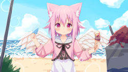 Rule 34 | 1girl, :p, absurdres, animal ear fluff, animal ears, black ribbon, blush, closed mouth, commentary request, day, double scoop, dress, feathered wings, food, frilled jacket, frills, hair between eyes, hands up, highres, holding, holding food, horizon, ice cream, ice cream cone, jacket, long hair, long sleeves, looking at viewer, nakkar, neck ribbon, ocean, original, outdoors, pink hair, pink jacket, popsicle, red eyes, ribbon, shaved ice, sidelocks, smile, solo, tongue, tongue out, upper body, water, white dress, white wings, wings