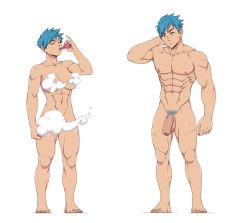 Rule 34 | 1boy, 1girl, abs, arm behind head, barefoot, blue hair, bottle, breasts, brown eyes, censored, convenient censoring, crotch, drinking, closed eyes, flaccid, foreskin, genderswap, genderswap (ftm), glans, groin, ichan, ichan-desu, large breasts, large penis, looking down, muscular, navel, censored nipples, nipples, nude, official art, pectorals, penis, pussy, scar, scar on face, simple background, smoke, smoke censor, spiked hair, steam, steam censor, stomach, testicles, thighs, third-party edit, transformation, urethra, veins, veiny penis, white background
