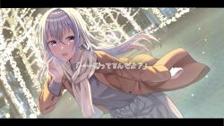 Rule 34 | 1girl, :d, absurdres, bare tree, breath, brown coat, cac itinose, coat, floating hair, grey eyes, grey hair, grey shirt, grey skirt, hair between eyes, hand up, highres, idolmaster, idolmaster shiny colors, leaning forward, letterboxed, long hair, long sleeves, looking at viewer, night, open clothes, open coat, open mouth, outdoors, pleated skirt, scarf, shirt, skirt, smile, solo, suzuki hana, translation request, tree, very long hair, white scarf