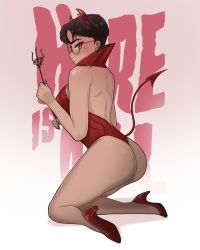 Rule 34 | text background, backless outfit, blush, brown hair, datli64, demon horns, demon tail, earrings, eyeliner, frown, halloween costume, high heels, highres, horns, jewelry, leotard, makeup, mole, mole under eye, orange eyes, original, red leotard, stretch marks, tail, wand