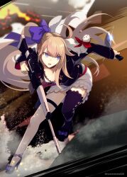 Rule 34 | 1girl, assault rifle, asymmetrical legwear, battle rifle, bent over, black footwear, black jacket, black thighhighs, blonde hair, blue eyes, bow, commentary, dress, dual wielding, fal (girls&#039; frontline), ferret, fn fal, footwear bow, full body, girls&#039; frontline, gleam, gun, hair bow, high heels, highres, holding, holding gun, holding knife, holding weapon, jacket, knife, kukri, long hair, long sleeves, looking to the side, mineta naoki, mismatched legwear, open mouth, ponytail, purple bow, reverse grip, rifle, shoes, solo, standing, standing on one leg, thighhighs, twitter username, very long hair, weapon, white dress, white thighhighs