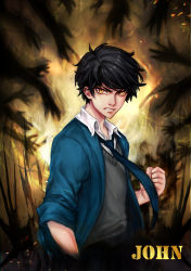Rule 34 | 1boy, aireenscolor, black hair, blue necktie, character name, clenched hand, fighting stance, frown, grey sweater vest, highres, john (unordinary), looking at viewer, male focus, necktie, school uniform, short hair, solo, standing, sweater vest, unordinary, yellow eyes