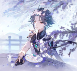Rule 34 | 1boy, ahoge, arm guards, arm tattoo, bare shoulders, bead necklace, beads, black gloves, black hair, blurry, blurry foreground, closed mouth, cup, detached sleeves, facial mark, food, forehead mark, genshin impact, gloves, green hair, holding, holding spoon, jewelry, long hair, looking at viewer, male focus, multicolored hair, necklace, parted bangs, renjian shilian, shoulder pads, shoulder spikes, sleeveless, slit pupils, solo, spikes, spoon, table, tassel, tattoo, teacup, teapot, tofu, utensil in mouth, vision (genshin impact), xiao (genshin impact), yellow eyes