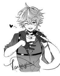 Rule 34 | 1boy, ahoge, bracelet, character name, choker, collarbone, collared shirt, crossed bangs, crystal earrings, earrings, fang, genshin impact, gloves, greyscale, hair between eyes, hands up, heart, heart print, highres, holding, holding microphone, jewelry, long sleeves, looking at viewer, male focus, mgrnov11, microphone, monochrome, necklace, one eye closed, open mouth, ring, shirt, short hair, simple background, single earring, smile, solo, tartaglia (genshin impact), tongue, upper body