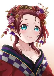 Rule 34 | 1girl, absurdres, aion no uta (love live!), alternate hairstyle, aqua eyes, artist name, artist request, blue eyes, blush, bow, braid, breasts, brown hair, cleavage, close-up, collarbone, crown braid, emma verde, female focus, floral print, flower, flower print, freckles, hair between eyes, hair flower, hair ornament, hair over shoulder, hair stick, hairband, highres, japanese clothes, kimono, long hair, long sleeves, looking at viewer, love live!, love live! nijigasaki high school idol club, love live! school idol festival, love live! school idol festival all stars, low twintails, medium breasts, obi, parted lips, pink flower, polka dot, polka dot bow, polka dot hairband, purple flower, red flower, red hair, red kimono, sash, short kimono, smile, solo, twintails, upper body, white background, white flower, wide sleeves