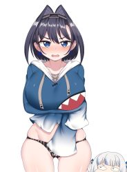 Rule 34 | 2girls, absurdres, arm under breasts, black hair, blue eyes, blue hoodie, blush, breast hold, breasts, cosplay, earrings, gawr gura, gawr gura (cosplay), gluteal fold, hair intakes, highres, hollyeung, hololive, hololive english, hood, hoodie, huge breasts, jewelry, multiple girls, navel, ouro kronii, panties, skindentation, sleeves past fingers, sleeves past wrists, striped clothes, striped panties, undersized clothes, underwear, virtual youtuber, white background, white hair