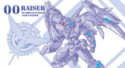 Rule 34 | 00 raiser, arm blade, blue eyes, celestial being, character name, commentary request, energy gun, english text, gn drive, group name, gun, gundam, gundam 00, holding, holding gun, holding sword, holding weapon, logo, mecha, miying (13975192760), mobile suit, no humans, robot, solo, spot color, sword, v-fin, weapon, white background