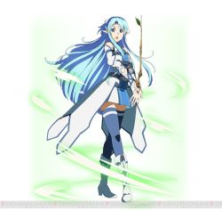 Rule 34 | 10s, 1girl, asuna (sao), asuna (sao-alo), blue eyes, blue hair, blue thighhighs, full body, holding, long hair, looking at viewer, matching hair/eyes, open mouth, pointy ears, solo, sword art online, sword art online: code register, thighhighs, watermark