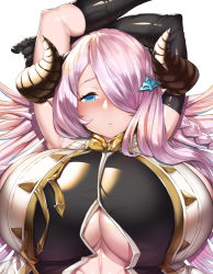 Rule 34 | 10s, 1girl, arms up, blue eyes, breasts, cleavage, draph, granblue fantasy, horns, ion (cation), large breasts, long hair, narmaya (granblue fantasy), parted lips, purple hair, solo, underboob