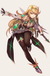 Rule 34 | 1girl, armor, black pantyhose, blonde hair, breasts, earrings, elbow gloves, gem, gloves, headpiece, hungry clicker, jewelry, large breasts, mythra (massive melee) (xenoblade), mythra (xenoblade), nintendo, pantyhose, simple background, smile, solo, super smash bros., swept bangs, sword, thighhighs, weapon, xenoblade chronicles (series), xenoblade chronicles 2