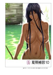 Rule 34 | 1girl, abs, black hair, breasts, collarbone, cover, cover page, dark-skinned female, dark skin, highres, holding, holding weapon, large breasts, long hair, looking at viewer, nipples, non-web source, nude, original, outdoors, pool, purple eyes, solo, stomach, water, weapon, wet, yukiyoshi mamizu