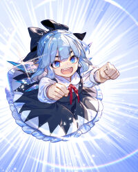 Rule 34 | 1girl, blue bow, blue dress, blue eyes, blue hair, bow, cirno, dress, fairy, frilled dress, frills, hair bow, highres, ice, ice wings, open mouth, shirt, short hair, short sleeves, smile, solo, teeth, touhou, upper teeth only, white shirt, wings, zounose