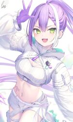 Rule 34 | 1girl, absurdres, breasts, demon girl, demon tail, ear piercing, fang, gloves, goggles, goggles on head, green eyes, highres, hololive, long hair, long sleeves, looking at viewer, medium breasts, multicolored hair, navel, navel piercing, official alternate costume, piccolo (gvgk8874), piercing, pink hair, ponytail, purple hair, shorts, skin fang, solo, strapless, streaked hair, tail, tokoyami towa, tokoyami towa (5th costume), tube top, virtual youtuber, white gloves, white hair, white shorts, white shrug, white tube top