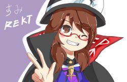 Rule 34 | 1girl, :d, brown eyes, brown hair, cape, glasses, grin, hat, kapiten70, low twintails, one eye closed, open mouth, pun, red-framed eyewear, simple background, smile, touhou, twintails, usami sumireko, w