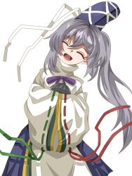 Rule 34 | 1girl, black hat, black skirt, closed eyes, commentary, grey hair, hat, kanzaki tsuki, leaning to the side, long hair, mononobe no futo, open mouth, ponytail, ribbon-trimmed sleeves, ribbon trim, simple background, skirt, solo, tate eboshi, touhou, white background, white hat