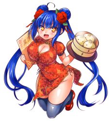 Rule 34 | 1girl, :d, ahoge, bamboo steamer, baozi, bemani, blue hair, blue thighhighs, blush, breasts, china dress, chinese clothes, cleavage, cleavage cutout, clothing cutout, double bun, dress, eyes visible through hair, fangs, flower, food, full body, groin, hair bun, hair flower, hair ornament, highres, large breasts, leaf, long hair, menu, open mouth, panties, pelvic curtain, puffy short sleeves, puffy sleeves, red dress, red eyes, red flower, red footwear, sate hatena, shoes, short sleeves, side-tie panties, side slit, simple background, skindentation, smile, solo, sound voltex, thighhighs, thighs, tsubaki (sound voltex), twintails, underwear, v-shaped eyebrows, very long hair, white background, yellow pupils