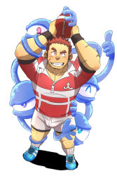 1boy, bara, blush, bulge, facial hair, facial scar, foreshortening, full body, gunzo (tokyo houkago summoners), male cleavage, male focus, muscular, muscular male, partially unbuttoned, pectorals, red shirt, rugby ball, rugby uniform, scar, scar on cheek, scar on face, shirt, short hair, shorts, sideburns, smile, solo, spirit, sportswear, stubble, white shorts