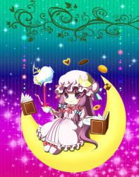 Rule 34 | 1girl, blush, book, checkerboard cookie, cookie, crescent, crescent hair ornament, crescent moon, female focus, food, hair ornament, hat, heart, mob cap, moon, patchouli knowledge, plate, pouring, purple eyes, purple hair, smile, solo, spoon, star (symbol), tea, teapot, touhou