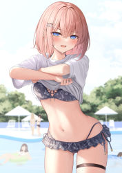 1girl bikini bikini_skirt blue_eyes blush breasts cleavage clothes_lift cowboy_shot grey_bikini hair_ornament hairclip highres looking_at_viewer medium_breasts microskirt monaka_curl navel original pink_hair shirt short_hair short_sleeves skirt solo_focus swimsuit thighs white_shirt